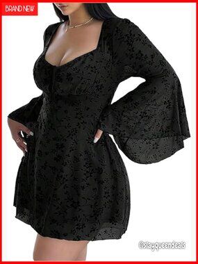 Women's Plus Size Floral Gothic Dress Flare Long Sleeve Mesh Grunge A Line Dress
